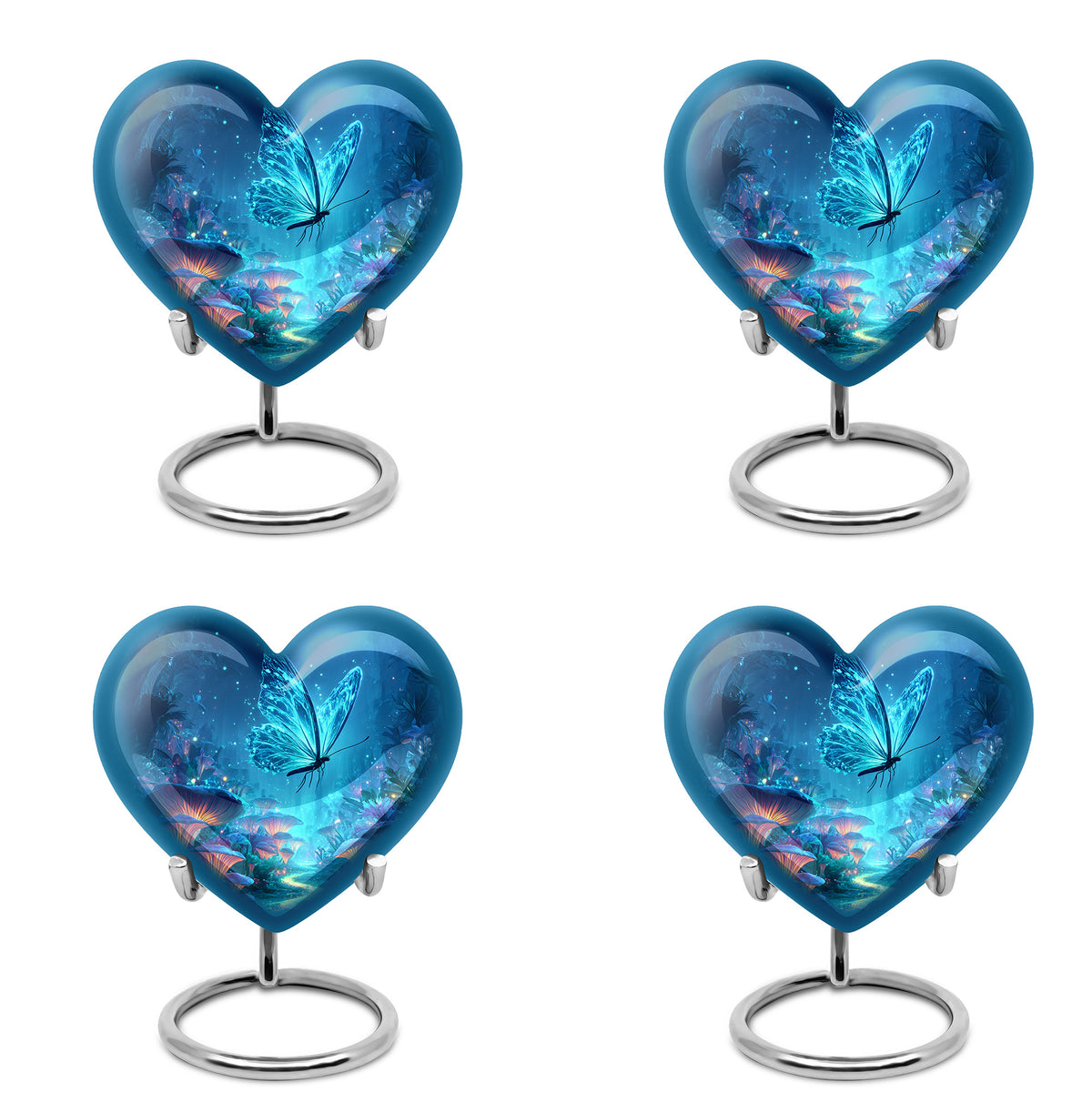 Slate Blue Butterfly Cremation Urn angled view of lid and engraved motif - heart-shaped butterfly design symbolizing eternal love - 10 inch aluminum urn for cremated remains