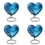 Slate Blue Butterfly Cremation Urn angled view of lid and engraved motif - heart-shaped butterfly design symbolizing eternal love - 10 inch aluminum urn for cremated remains