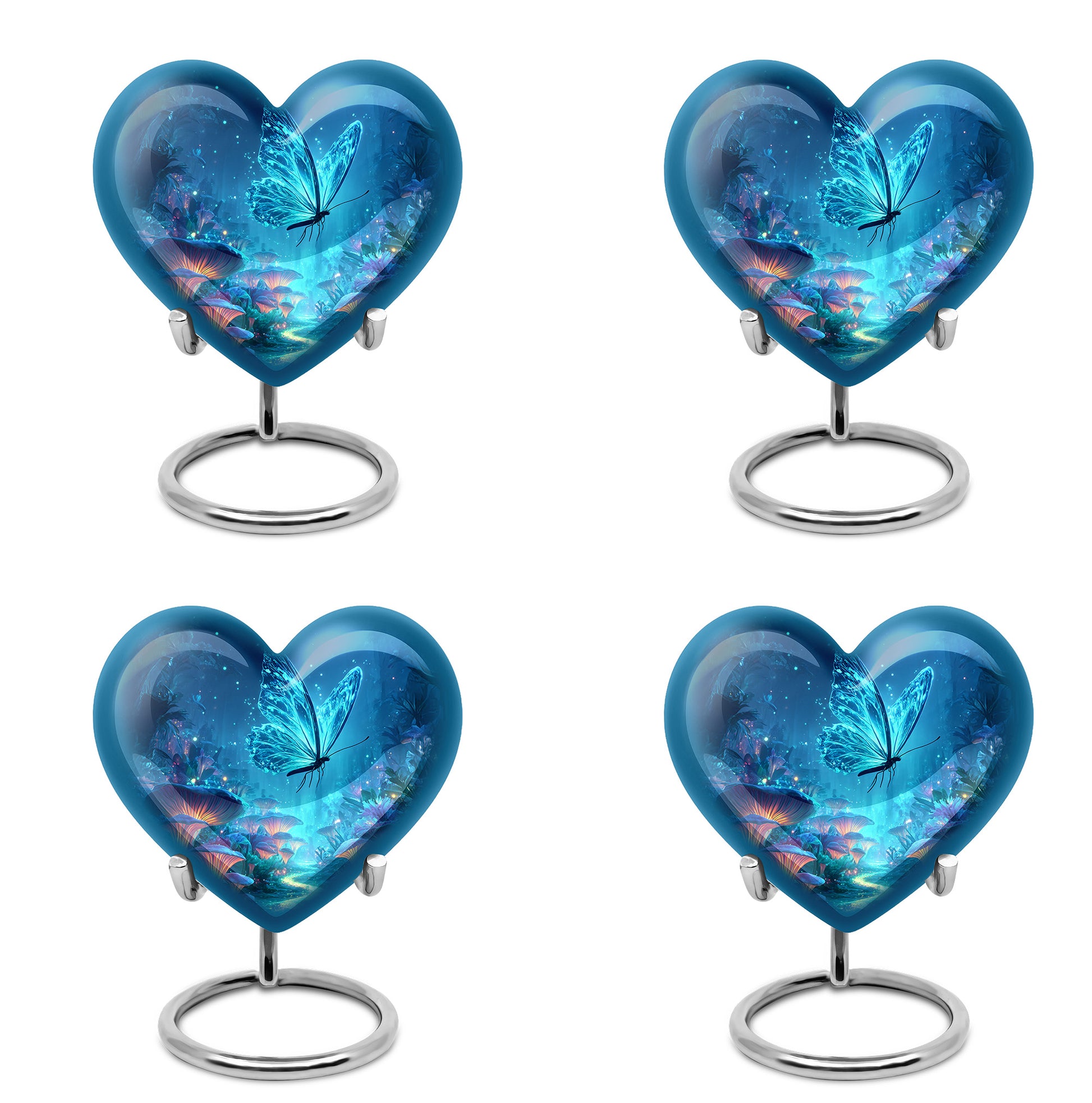 Slate Blue Butterfly Cremation Urn angled view of lid and engraved motif - heart-shaped butterfly design symbolizing eternal love - 10 inch aluminum urn for cremated remains