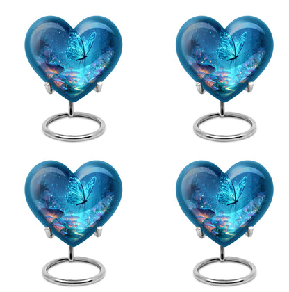Slate Blue Butterfly Cremation Urn angled view of lid and engraved motif - heart-shaped butterfly design symbolizing eternal love - 10 inch aluminum urn for cremated remains