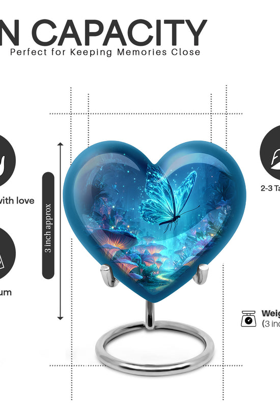Celestial Blue Butterfly Cremation Urn front view showing detailed design - loving heart memorial featuring butterfly pattern - mini keepsake memorial for portion of cremation ashes