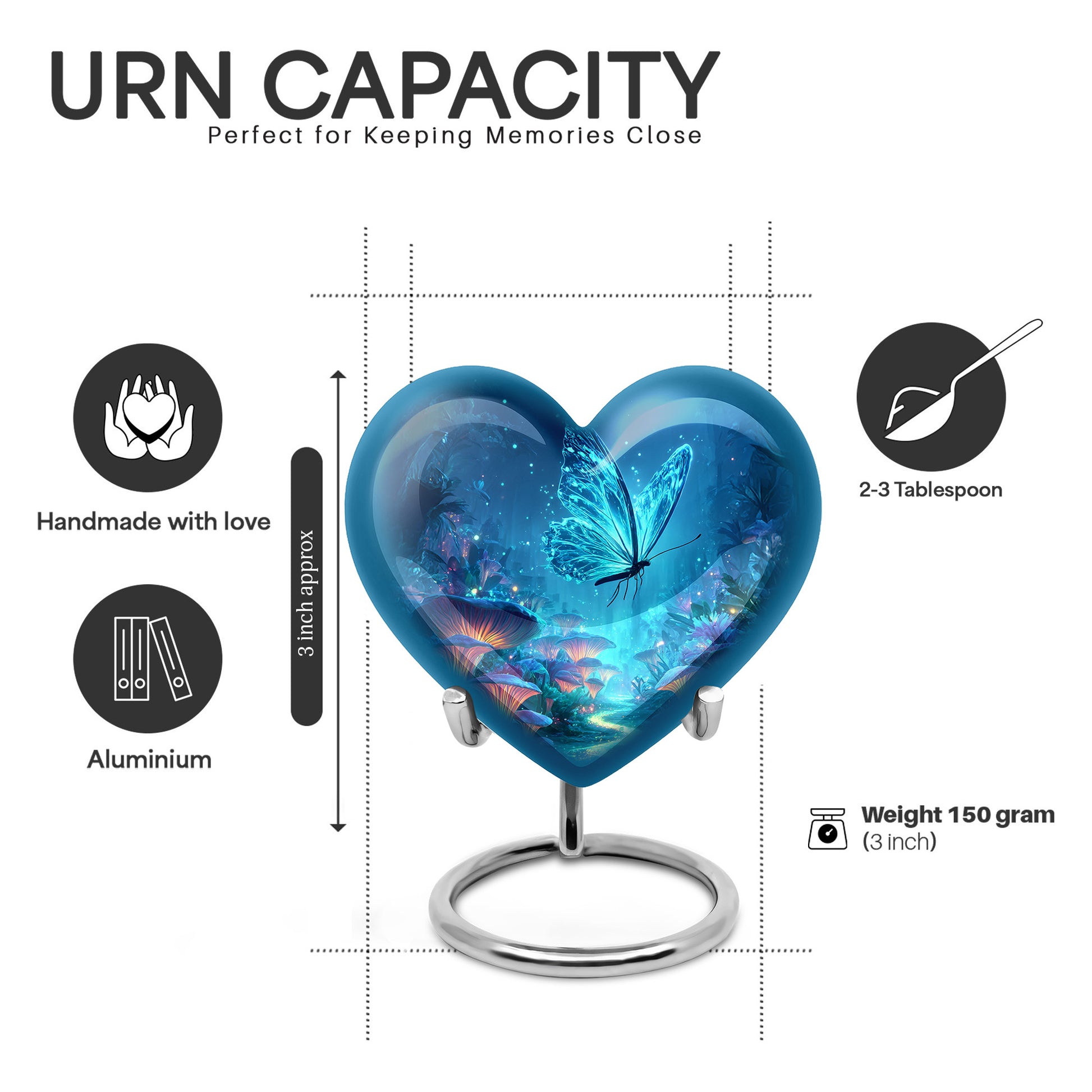 Celestial Blue Butterfly Cremation Urn front view showing detailed design - loving heart memorial featuring butterfly pattern - mini keepsake memorial for portion of cremation ashes