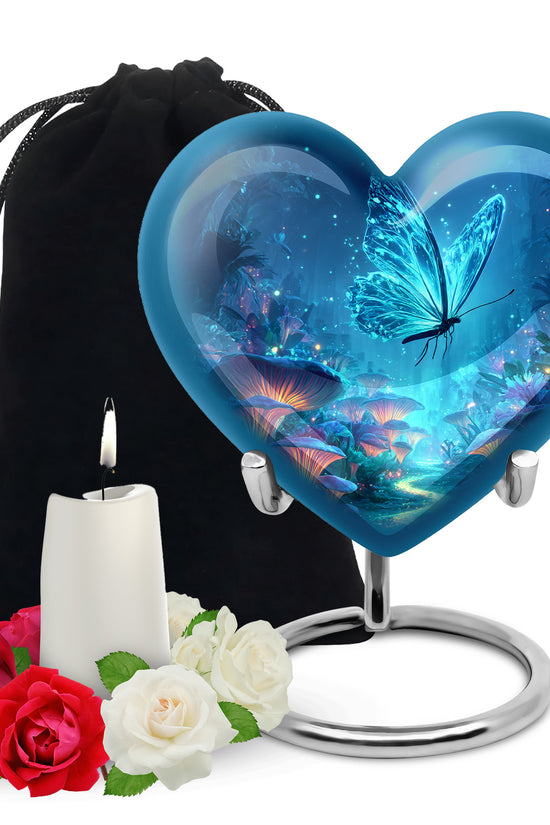Sapphire Blue Butterfly Cremation Urn detail view - romantic heart urn with butterfly motif on aluminum - full-size 10 inch 200 cubic inch adult cremation urn