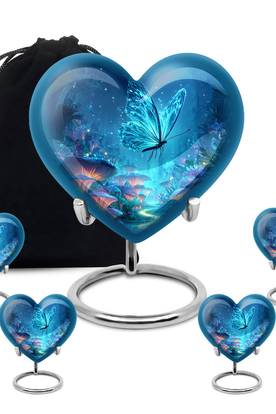 Calming Blue Butterfly Cremation Urn close-up of engraving and surface detail - compassionate heart-butterfly combination with gentle curves - memorial set with one large and four small urns