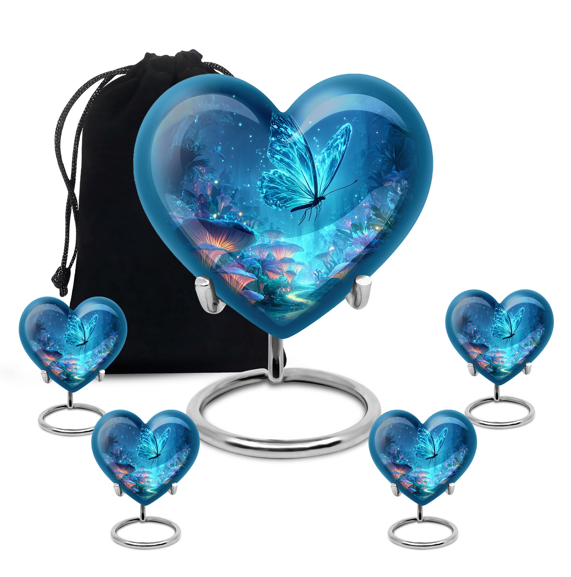 Calming Blue Butterfly Cremation Urn close-up of engraving and surface detail - compassionate heart-butterfly combination with gentle curves - memorial set with one large and four small urns