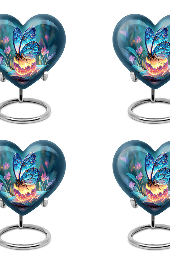 Steel Blue Butterfly Cremation Urn angled view of lid and engraved motif - compassionate heart-butterfly combination with gentle curves - 10 inch aluminum urn for cremated remains