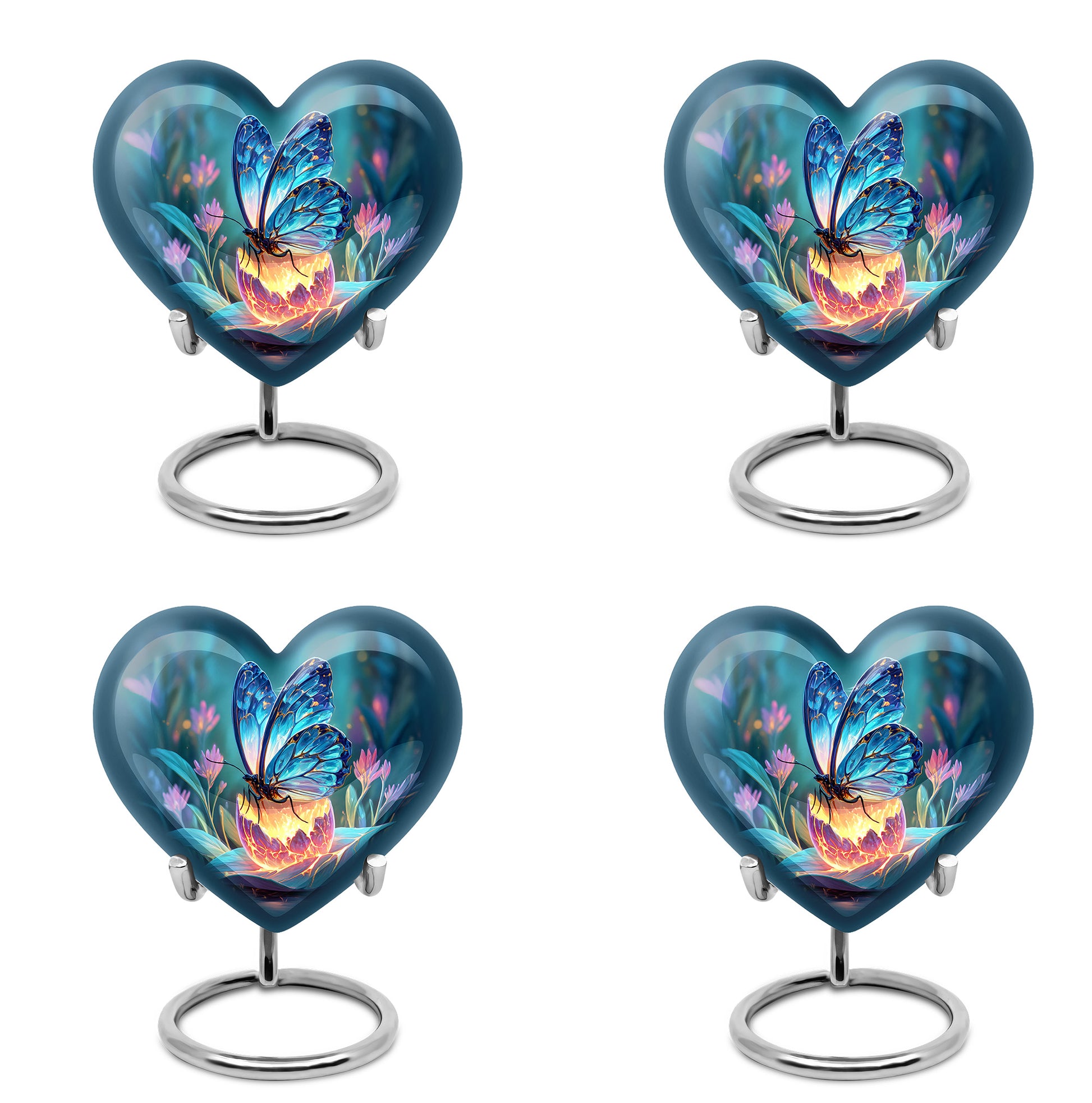 Steel Blue Butterfly Cremation Urn angled view of lid and engraved motif - compassionate heart-butterfly combination with gentle curves - 10 inch aluminum urn for cremated remains