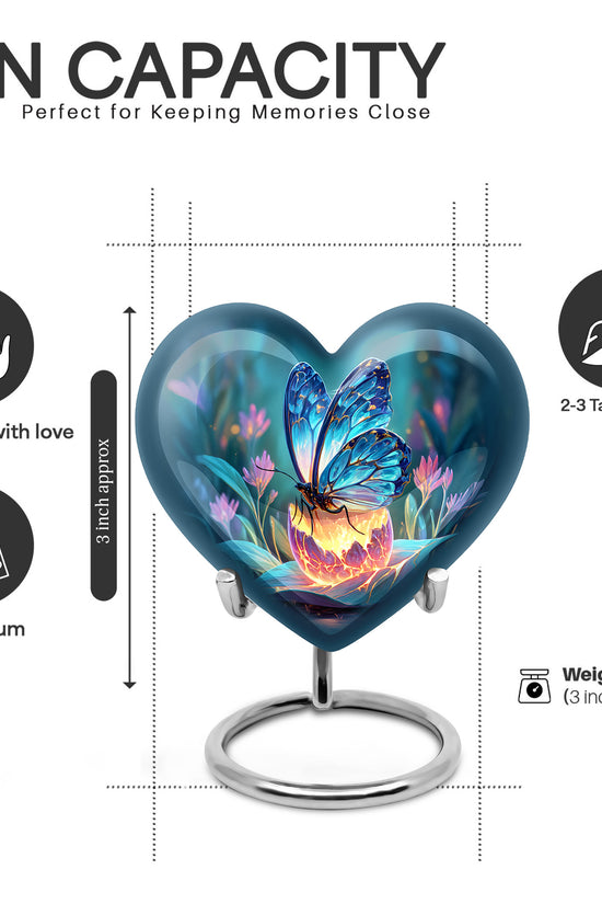 Vivid Blue Butterfly Cremation Urn front view showing detailed design - compassionate heart-butterfly combination with gentle curves - mini keepsake memorial for portion of cremation ashes