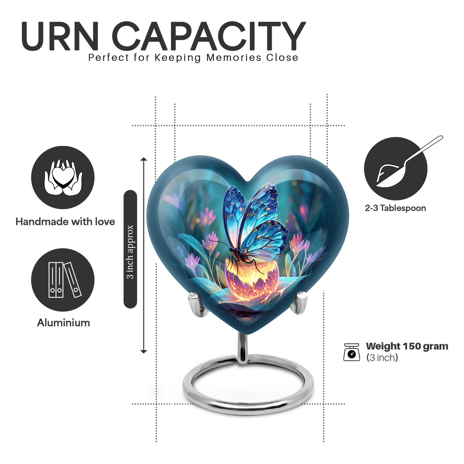 Vivid Blue Butterfly Cremation Urn front view showing detailed design - compassionate heart-butterfly combination with gentle curves - mini keepsake memorial for portion of cremation ashes