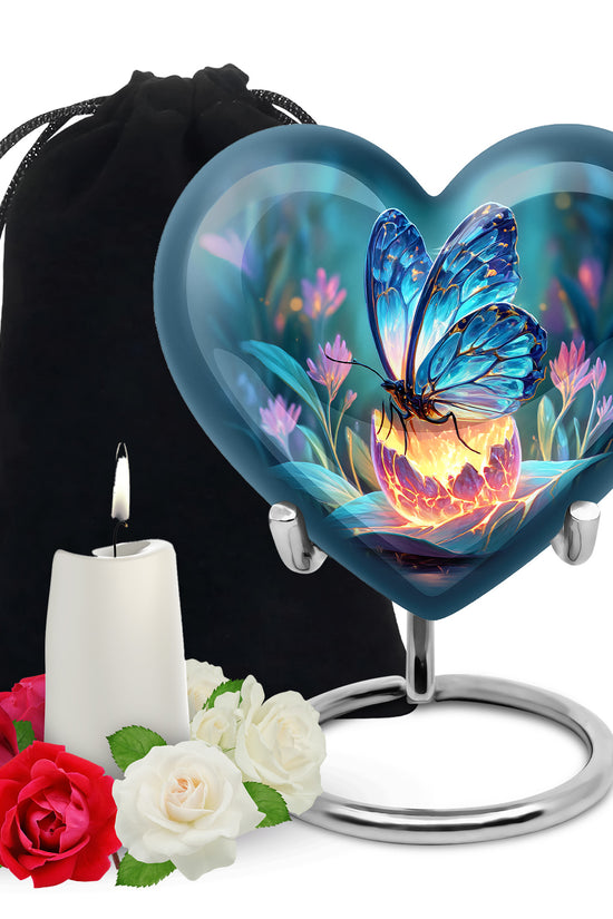 Steel Blue Butterfly Cremation Urn detail view - romantic heart urn with butterfly motif on aluminum - full-size 10 inch 200 cubic inch adult cremation urn
