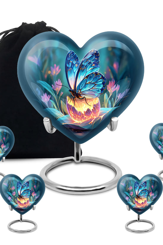 Sky Blue Butterfly Cremation Urn close-up of engraving and surface detail - loving heart memorial featuring butterfly pattern - memorial set with one large and four small urns