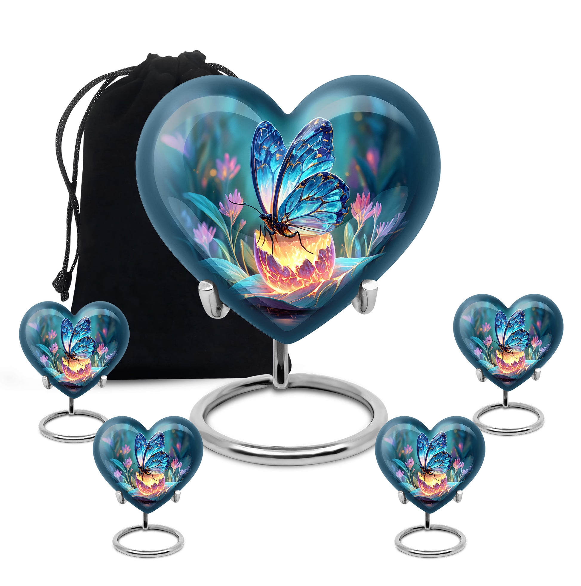 Sky Blue Butterfly Cremation Urn close-up of engraving and surface detail - loving heart memorial featuring butterfly pattern - memorial set with one large and four small urns