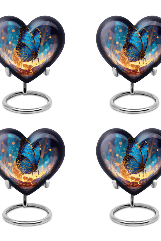 Soft Blue Butterfly Cremation Urn angled view of lid and engraved motif - romantic heart urn with butterfly motif on aluminum - 10 inch aluminum urn for cremated remains