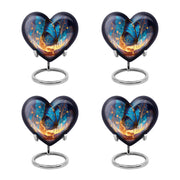 Soft Blue Butterfly Cremation Urn angled view of lid and engraved motif - romantic heart urn with butterfly motif on aluminum - 10 inch aluminum urn for cremated remains