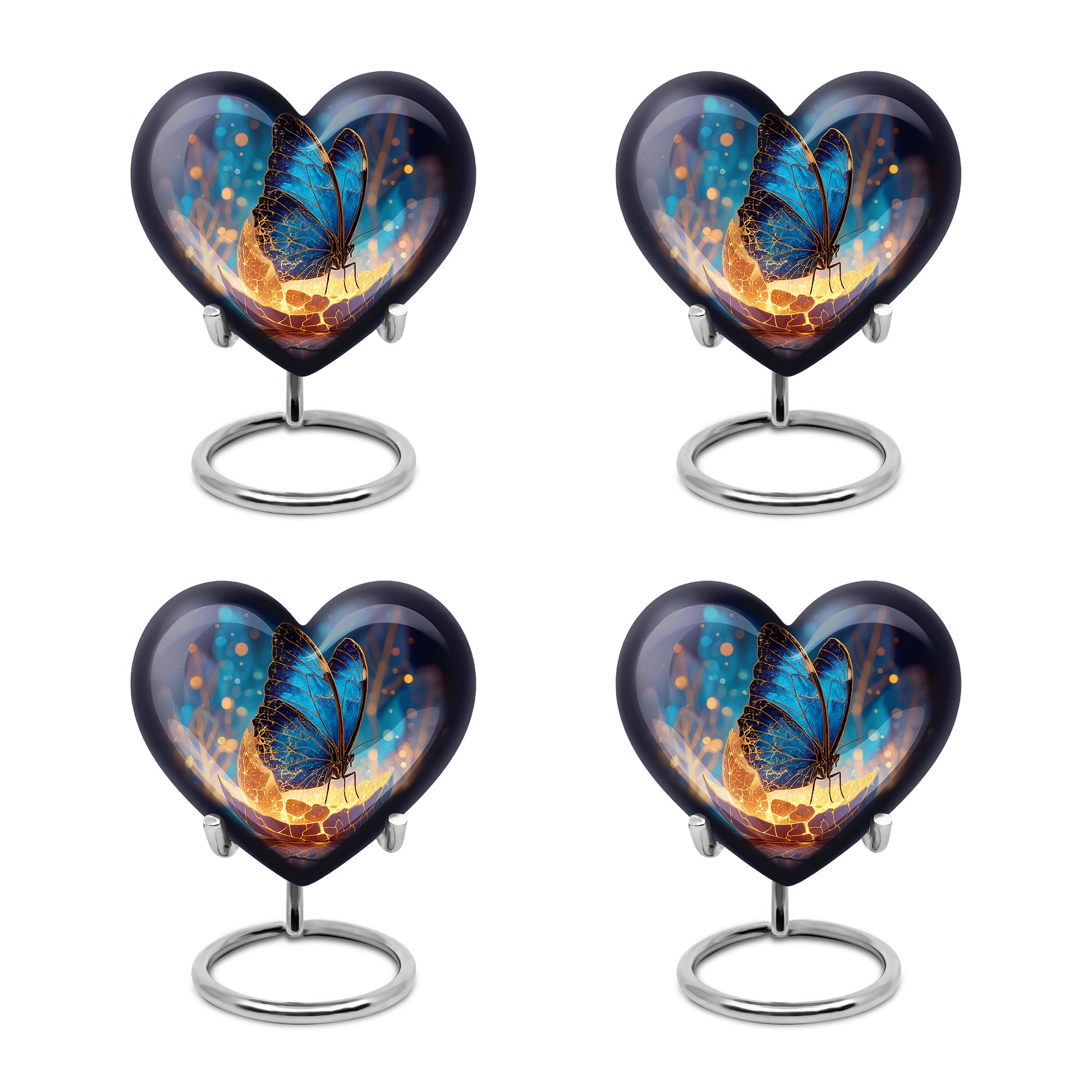 Soft Blue Butterfly Cremation Urn angled view of lid and engraved motif - romantic heart urn with butterfly motif on aluminum - 10 inch aluminum urn for cremated remains