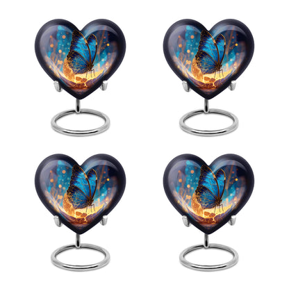 Soft Blue Butterfly Cremation Urn angled view of lid and engraved motif - romantic heart urn with butterfly motif on aluminum - 10 inch aluminum urn for cremated remains