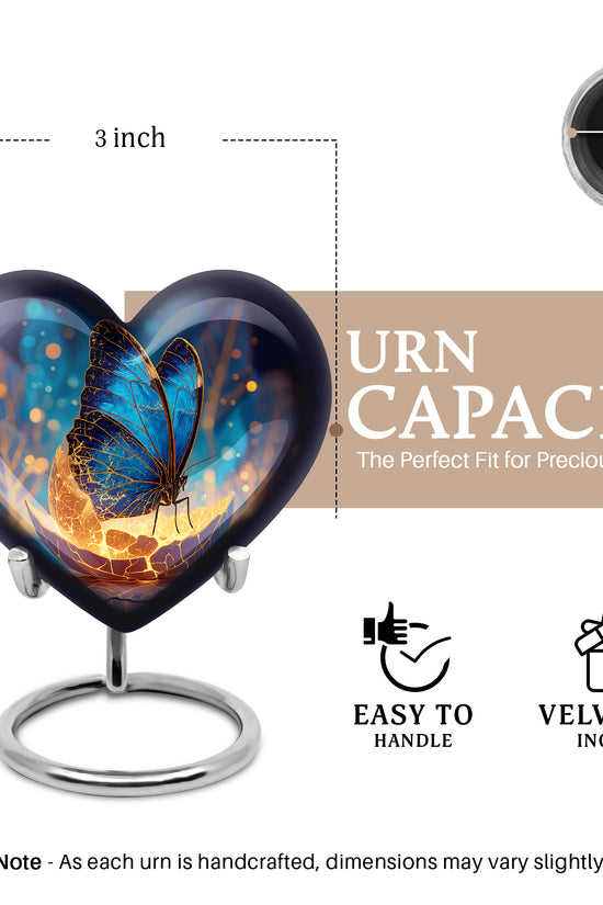 Steel Blue Butterfly Cremation Urn front view showing detailed design - romantic heart urn with butterfly motif on aluminum - mini keepsake memorial for portion of cremation ashes
