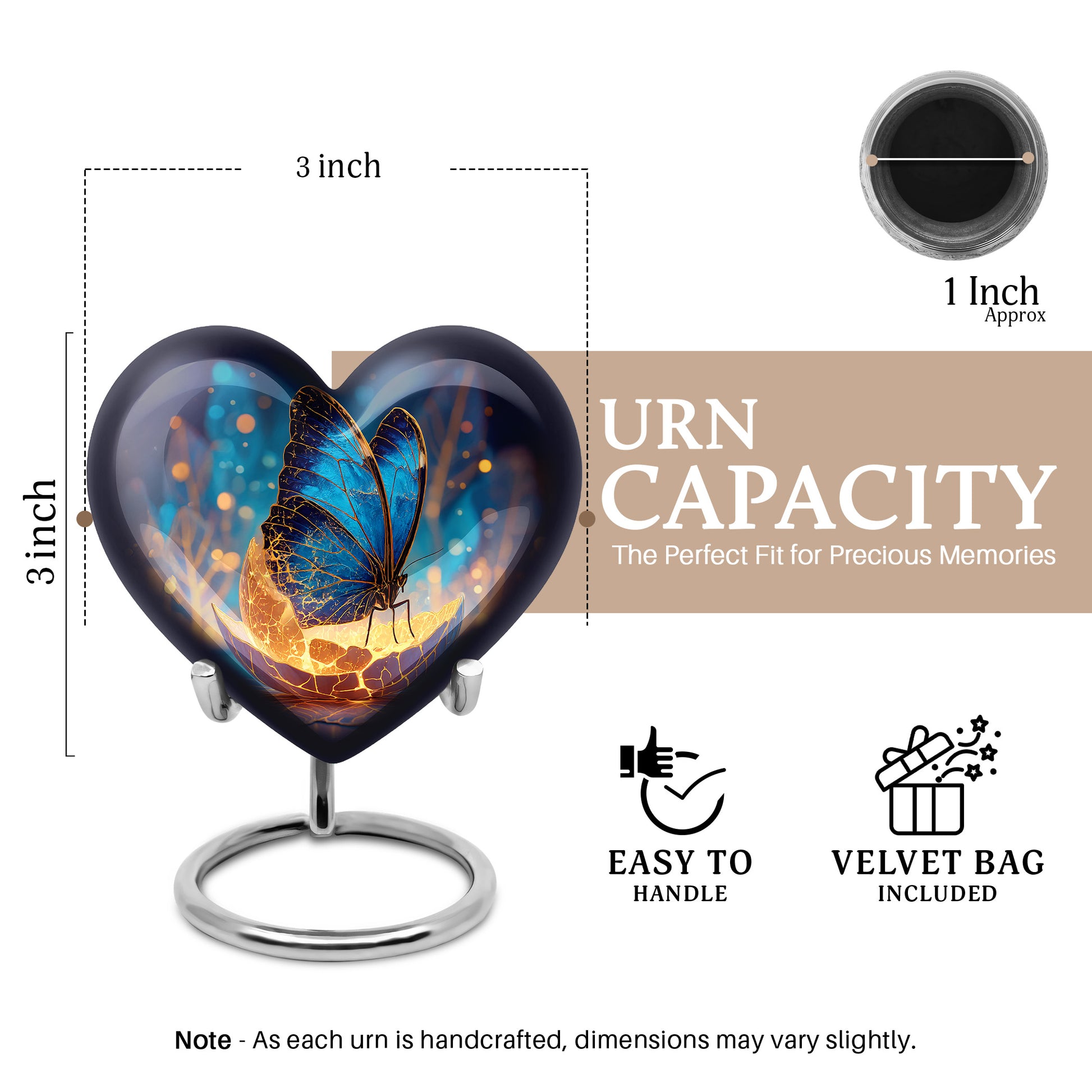 Steel Blue Butterfly Cremation Urn front view showing detailed design - romantic heart urn with butterfly motif on aluminum - mini keepsake memorial for portion of cremation ashes