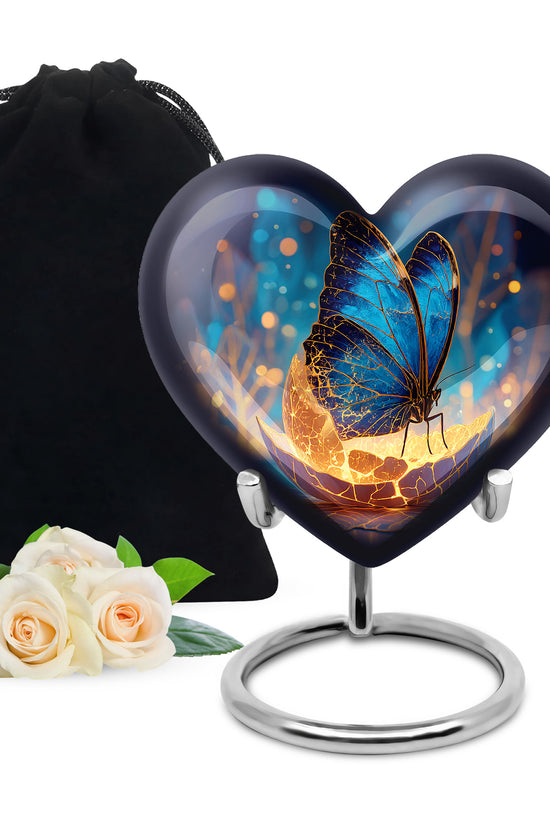 Serene Blue Butterfly Cremation Urn detail view - compassionate heart-butterfly combination with gentle curves - full-size 10 inch 200 cubic inch adult cremation urn