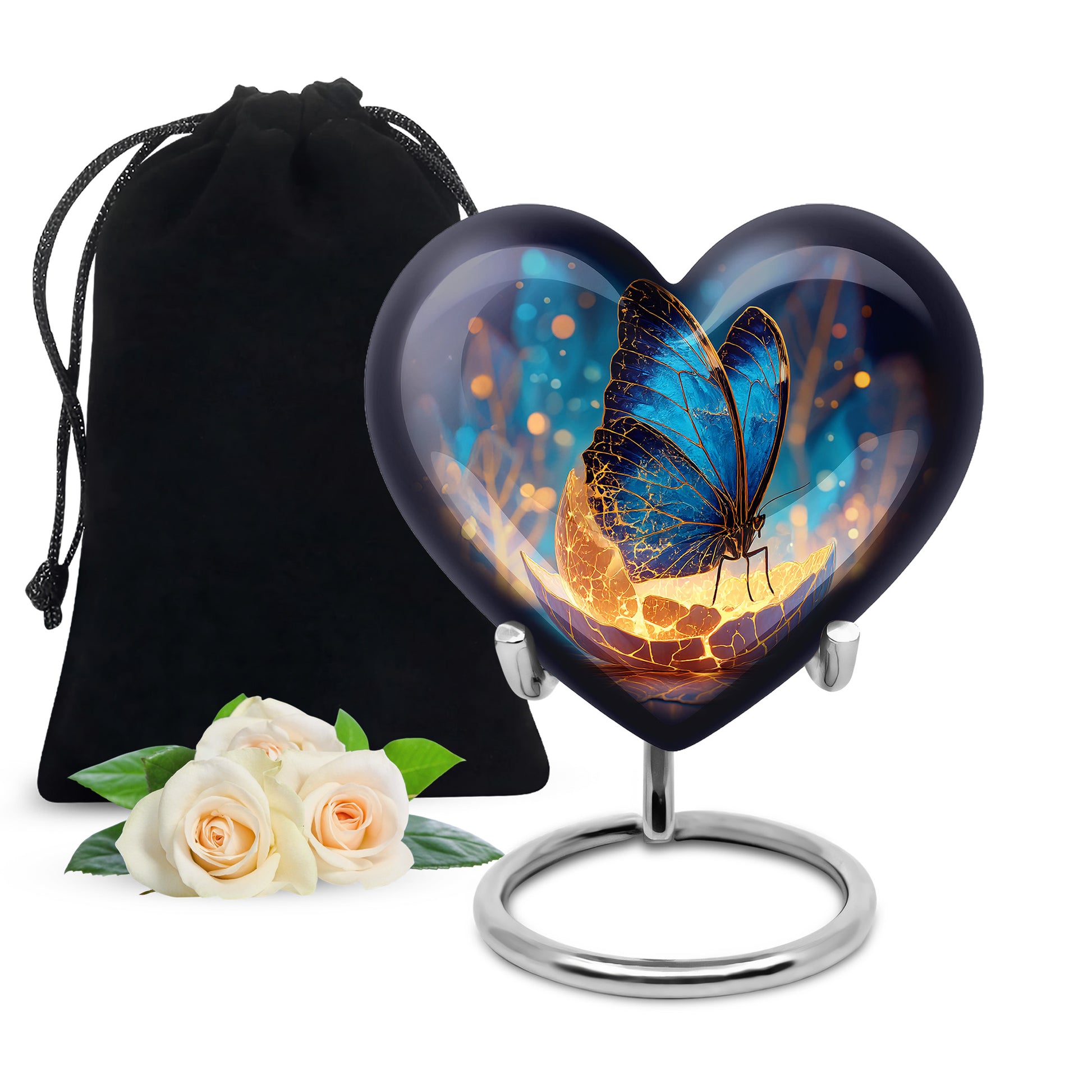 Serene Blue Butterfly Cremation Urn detail view - compassionate heart-butterfly combination with gentle curves - full-size 10 inch 200 cubic inch adult cremation urn