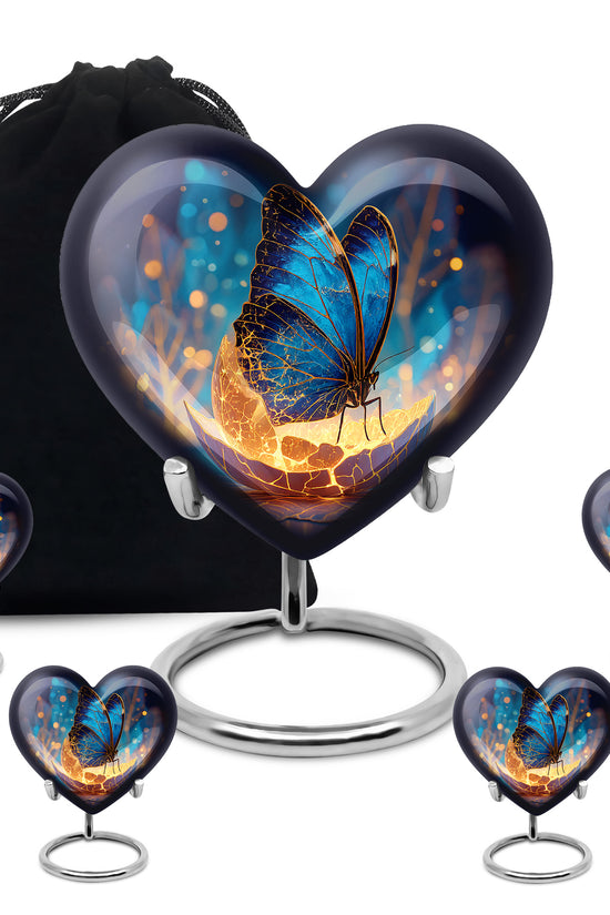Azure Butterfly Cremation Urn close-up of engraving and surface detail - loving heart memorial featuring butterfly pattern - memorial set with one large and four small urns