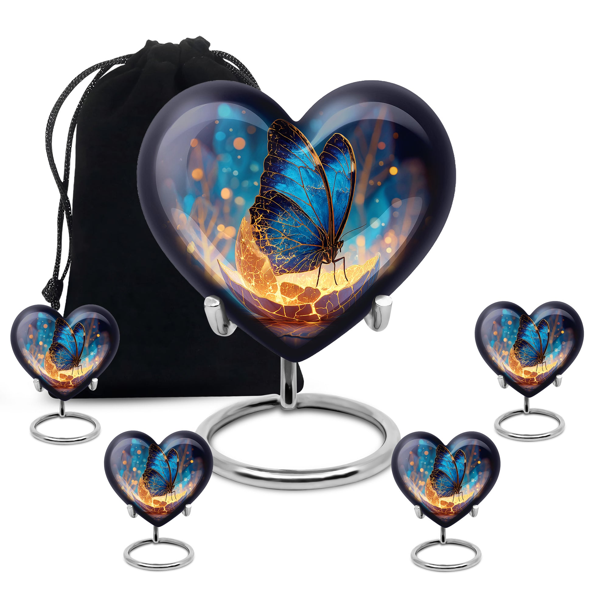 Azure Butterfly Cremation Urn close-up of engraving and surface detail - loving heart memorial featuring butterfly pattern - memorial set with one large and four small urns
