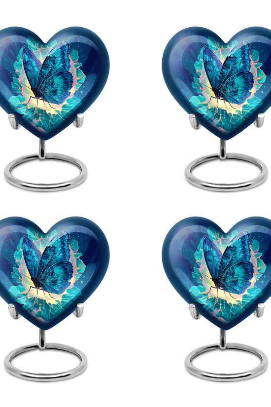 Pastel Blue Butterfly Cremation Urn angled view of lid and engraved motif - loving heart memorial featuring butterfly pattern - 10 inch aluminum urn for cremated remains