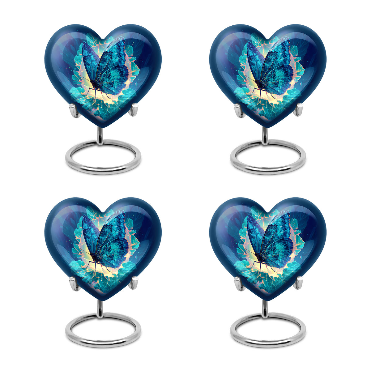 Pastel Blue Butterfly Cremation Urn angled view of lid and engraved motif - loving heart memorial featuring butterfly pattern - 10 inch aluminum urn for cremated remains