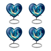 Pastel Blue Butterfly Cremation Urn angled view of lid and engraved motif - loving heart memorial featuring butterfly pattern - 10 inch aluminum urn for cremated remains