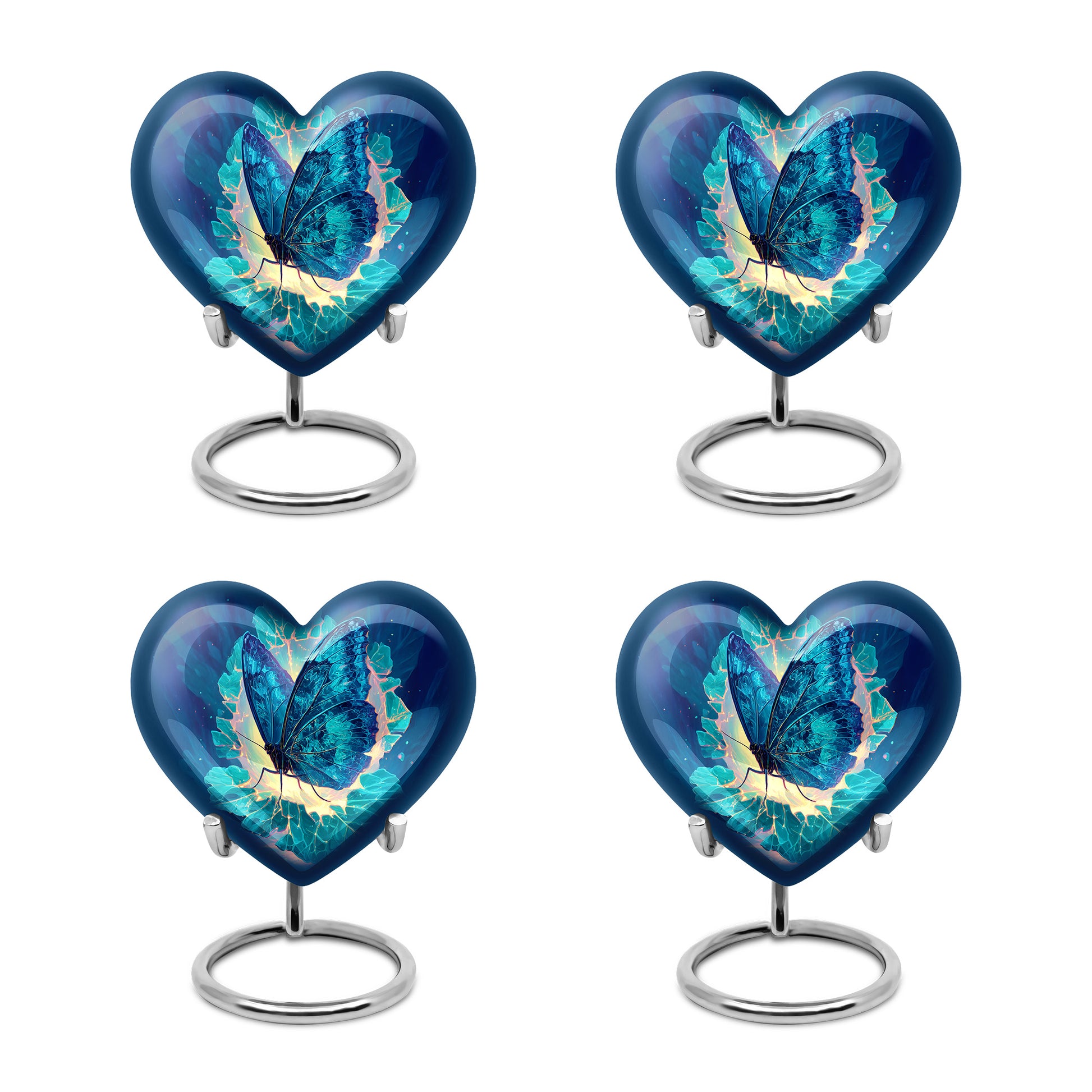 Pastel Blue Butterfly Cremation Urn angled view of lid and engraved motif - loving heart memorial featuring butterfly pattern - 10 inch aluminum urn for cremated remains