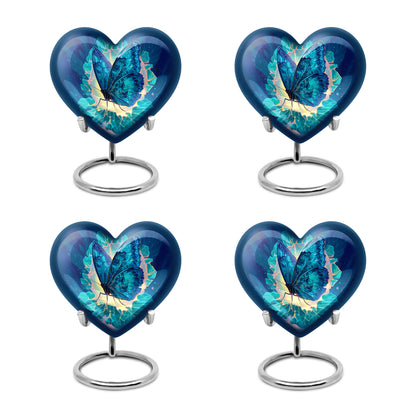 Pastel Blue Butterfly Cremation Urn angled view of lid and engraved motif - loving heart memorial featuring butterfly pattern - 10 inch aluminum urn for cremated remains