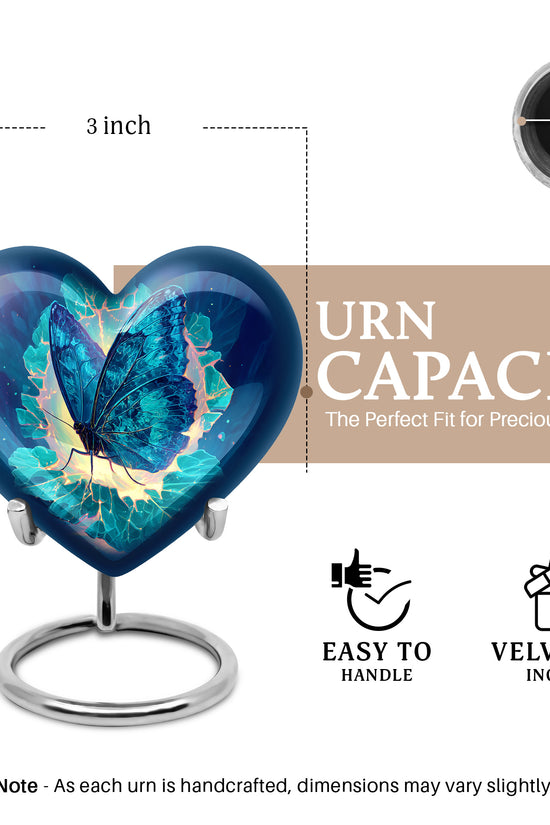 Bright Blue Butterfly Cremation Urn front view showing detailed design - compassionate heart-butterfly combination with gentle curves - mini keepsake memorial for portion of cremation ashes