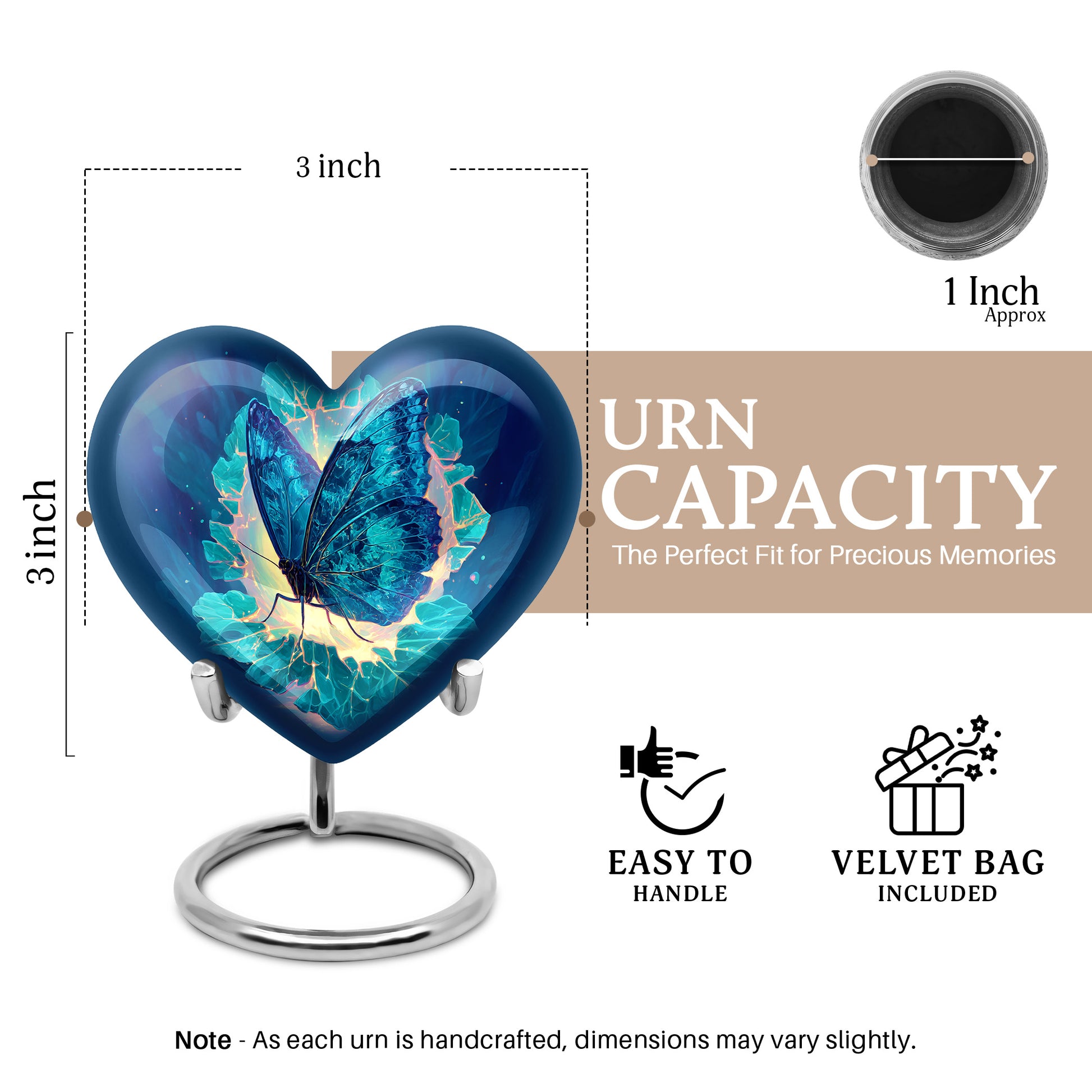Bright Blue Butterfly Cremation Urn front view showing detailed design - compassionate heart-butterfly combination with gentle curves - mini keepsake memorial for portion of cremation ashes