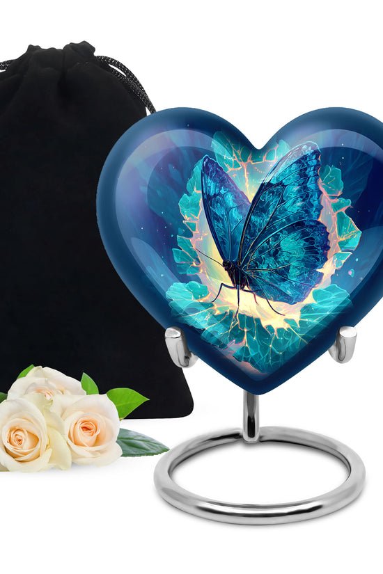 Navy Blue Butterfly Cremation Urn detail view - loving heart memorial featuring butterfly pattern - full-size 10 inch 200 cubic inch adult cremation urn