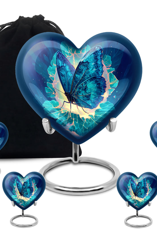 Calming Blue Butterfly Cremation Urn close-up of engraving and surface detail - romantic heart urn with butterfly motif on aluminum - memorial set with one large and four small urns