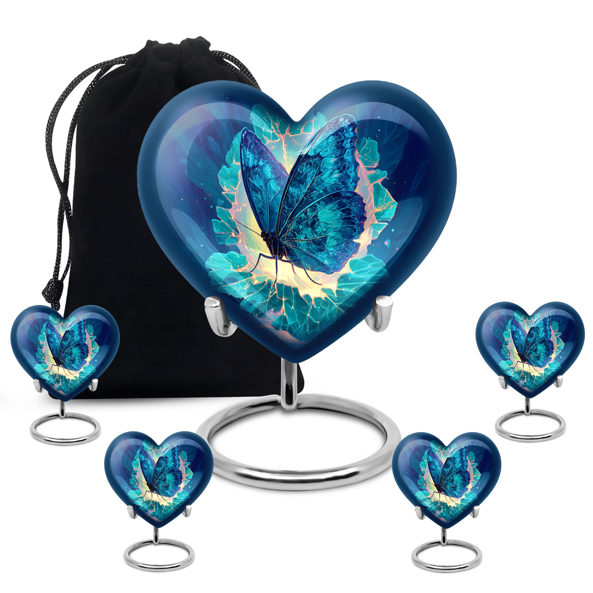 Calming Blue Butterfly Cremation Urn close-up of engraving and surface detail - romantic heart urn with butterfly motif on aluminum - memorial set with one large and four small urns