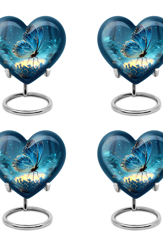 Calming Blue Butterfly Cremation Urn angled view of lid and engraved motif - romantic heart urn with butterfly motif on aluminum - 10 inch aluminum urn for cremated remains