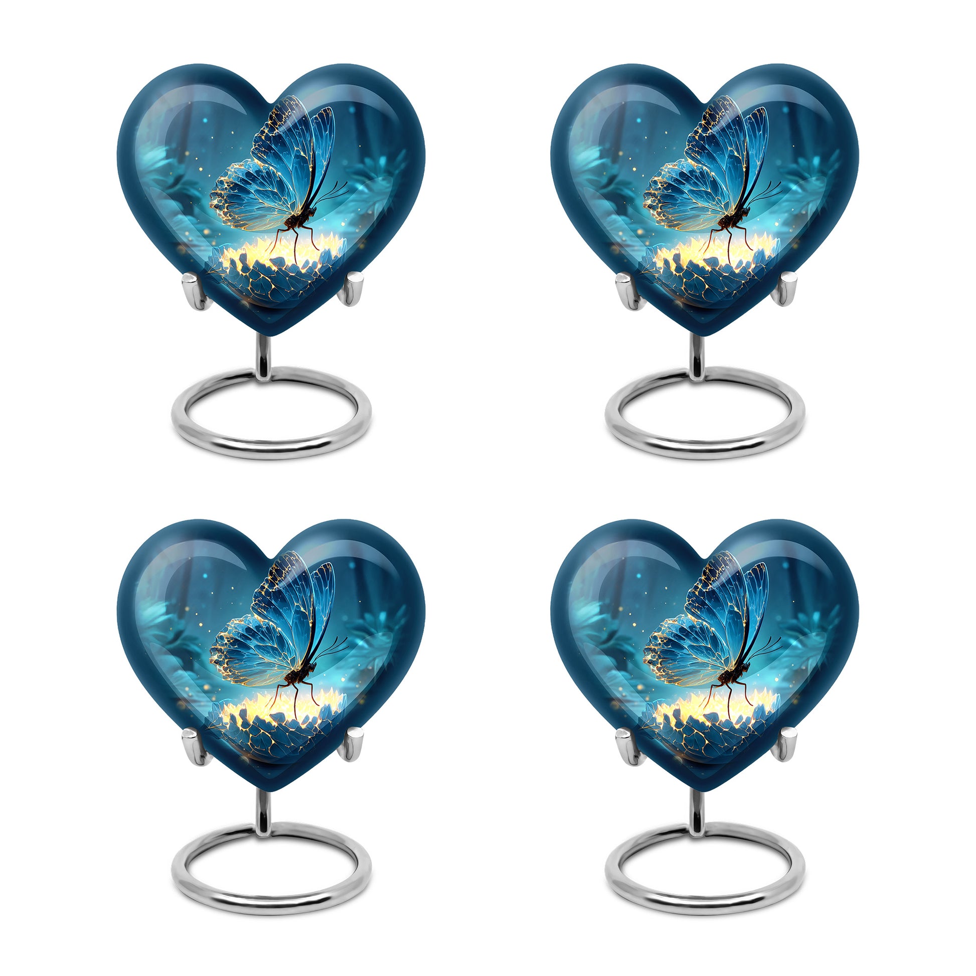 Calming Blue Butterfly Cremation Urn angled view of lid and engraved motif - romantic heart urn with butterfly motif on aluminum - 10 inch aluminum urn for cremated remains