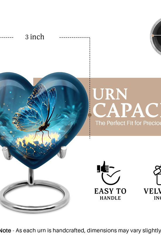 Navy Blue Butterfly Cremation Urn front view showing detailed design - heart-shaped butterfly design symbolizing eternal love - mini keepsake memorial for portion of cremation ashes
