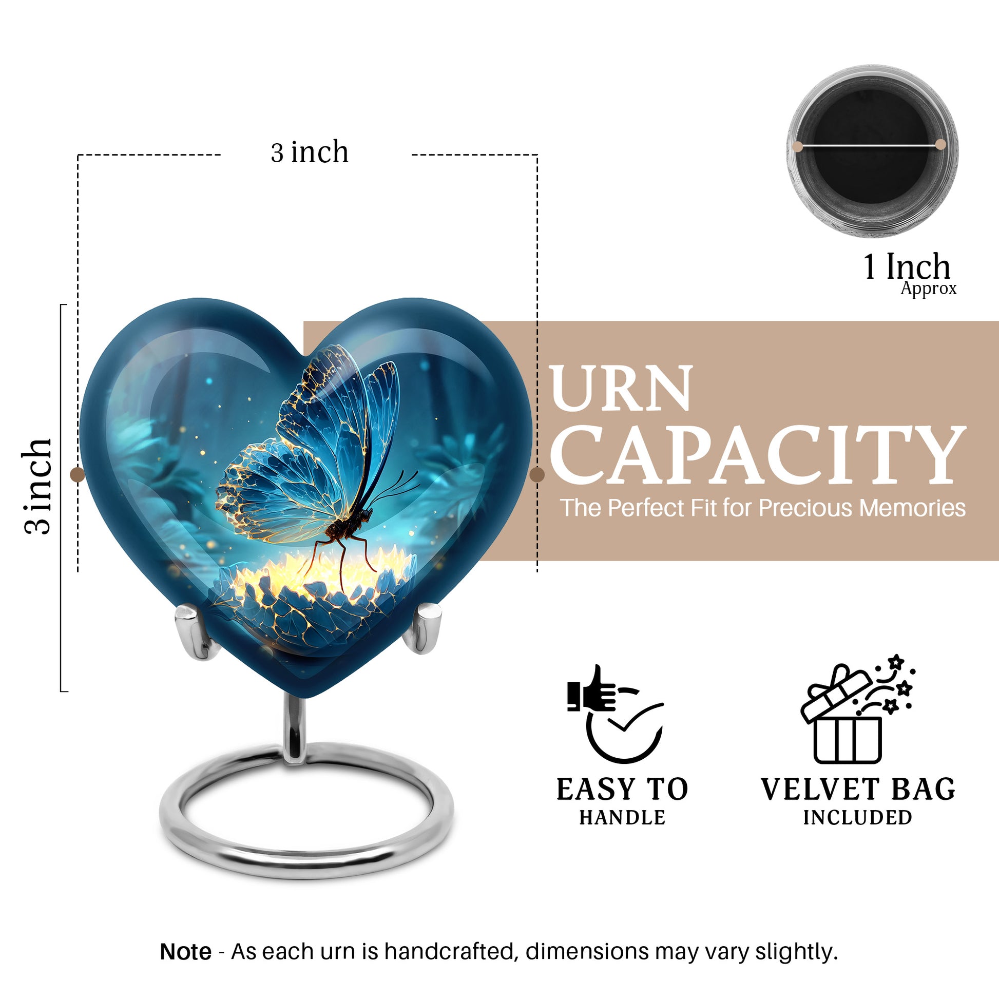 Navy Blue Butterfly Cremation Urn front view showing detailed design - heart-shaped butterfly design symbolizing eternal love - mini keepsake memorial for portion of cremation ashes