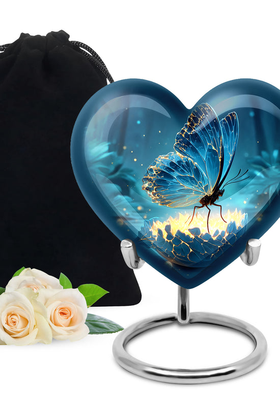 Navy Blue Butterfly Cremation Urn detail view - loving heart memorial featuring butterfly pattern - full-size 10 inch 200 cubic inch adult cremation urn