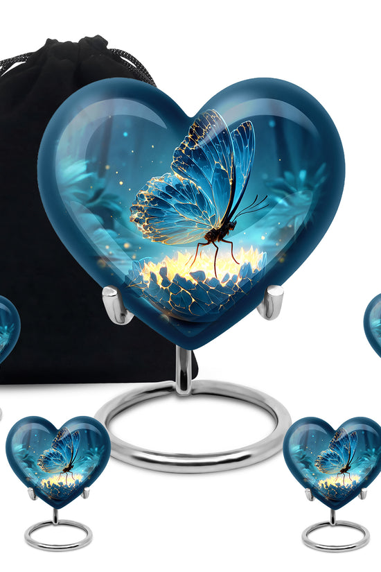 Indigo Butterfly Cremation Urn close-up of engraving and surface detail - loving heart memorial featuring butterfly pattern - memorial set with one large and four small urns