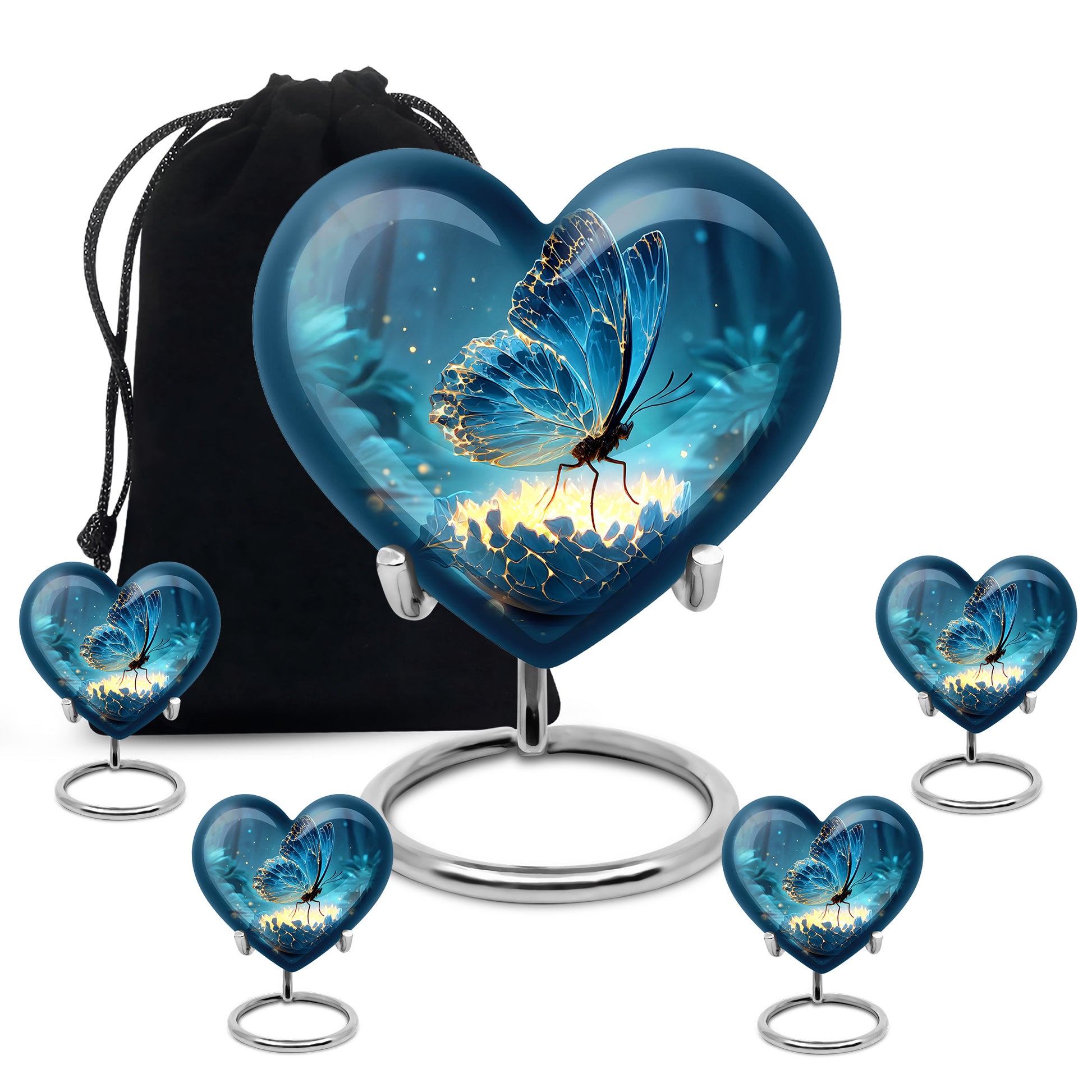 Indigo Butterfly Cremation Urn close-up of engraving and surface detail - loving heart memorial featuring butterfly pattern - memorial set with one large and four small urns