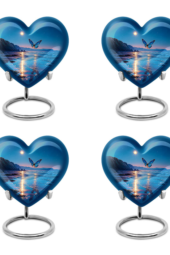 Powder Blue Butterfly Cremation Urn angled view of lid and engraved motif - loving heart memorial featuring butterfly pattern - 10 inch aluminum urn for cremated remains