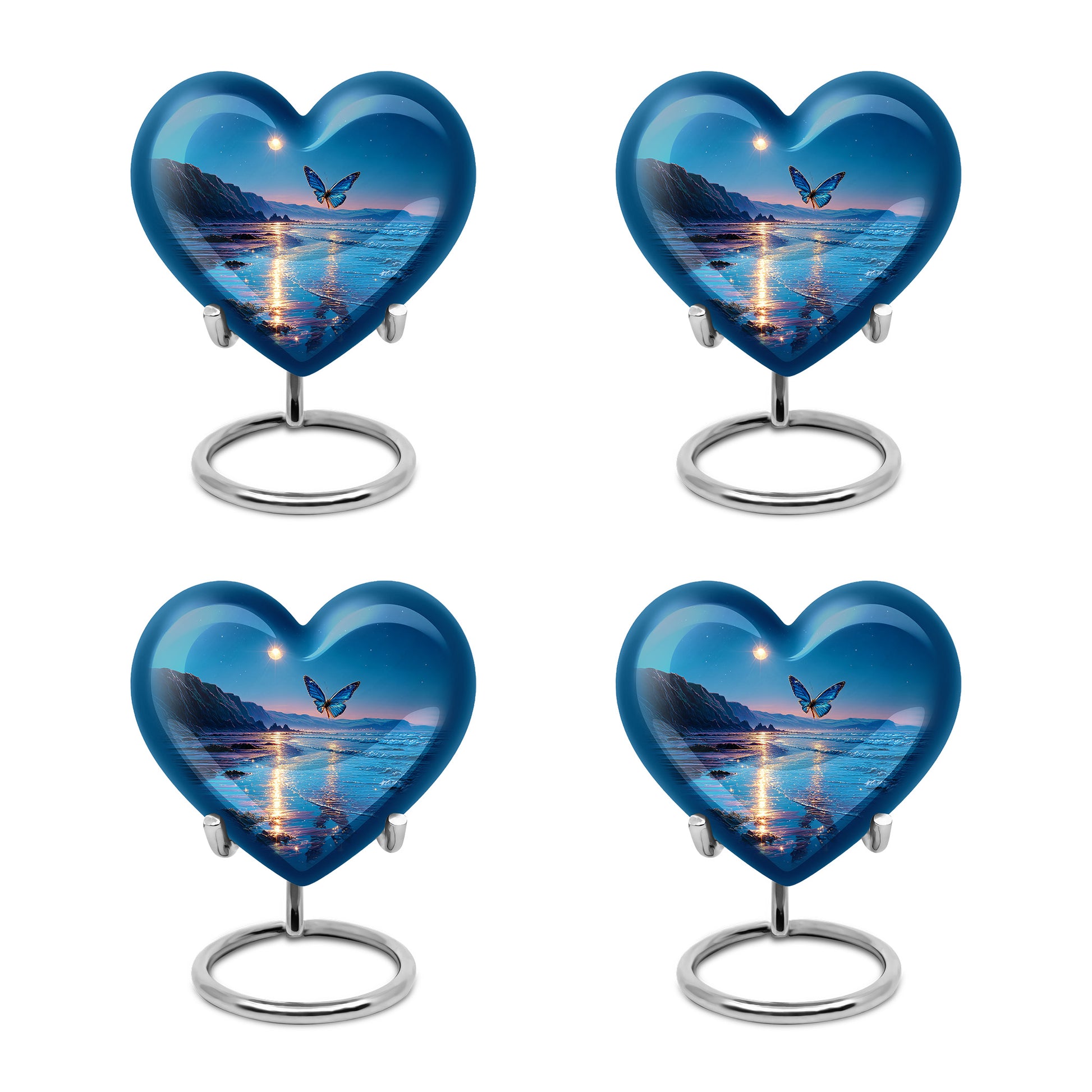 Powder Blue Butterfly Cremation Urn angled view of lid and engraved motif - loving heart memorial featuring butterfly pattern - 10 inch aluminum urn for cremated remains
