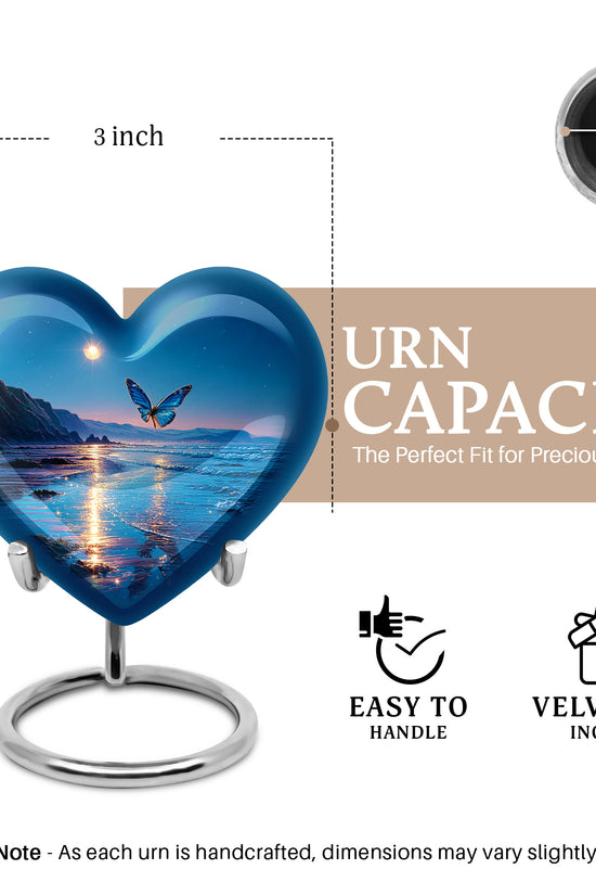 Navy Blue Butterfly Cremation Urn front view showing detailed design - heart-shaped butterfly design symbolizing eternal love - mini keepsake memorial for portion of cremation ashes