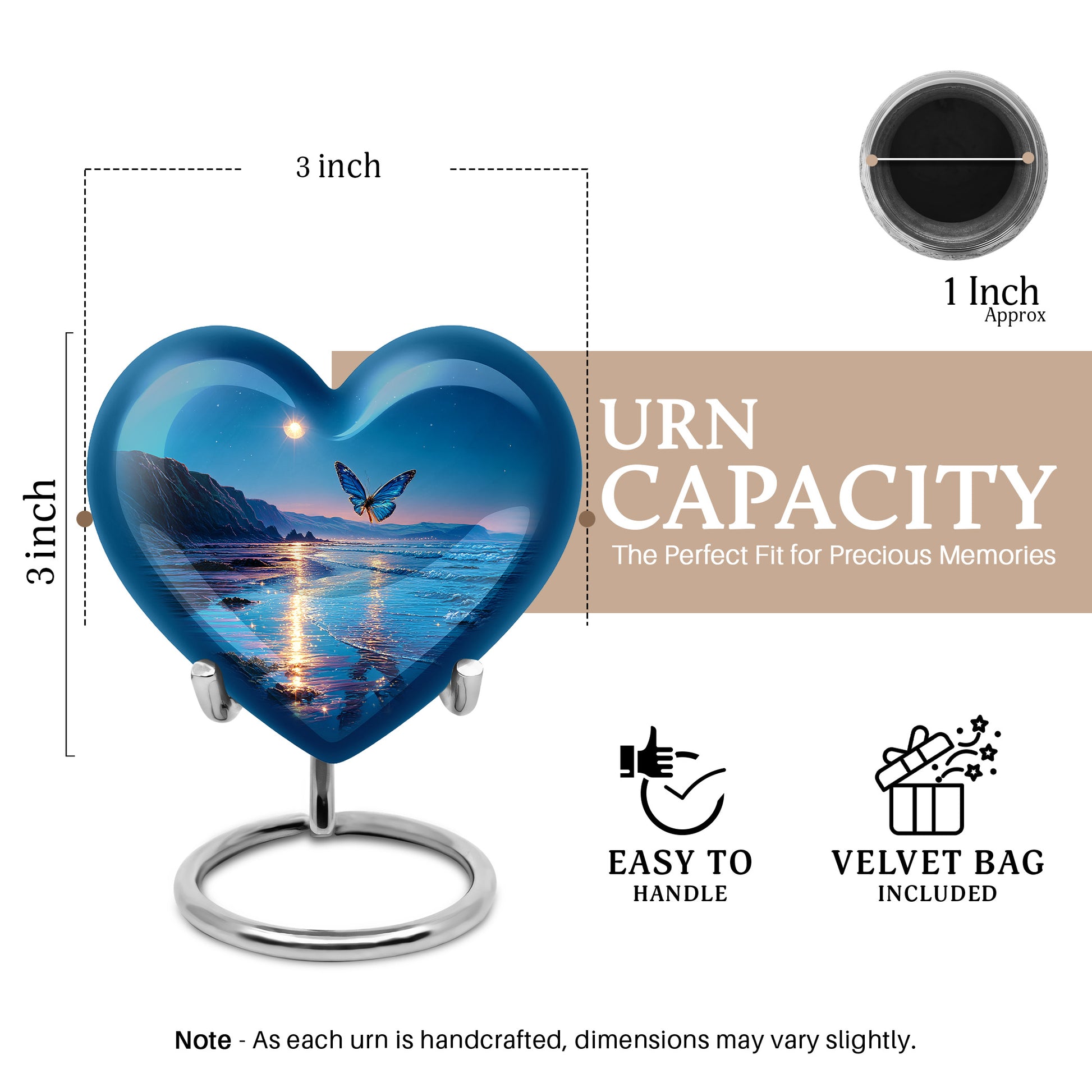Navy Blue Butterfly Cremation Urn front view showing detailed design - heart-shaped butterfly design symbolizing eternal love - mini keepsake memorial for portion of cremation ashes