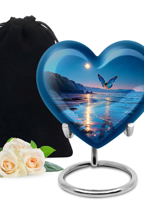 Slate Blue Butterfly Cremation Urn detail view - heart-shaped butterfly design symbolizing eternal love - full-size 10 inch 200 cubic inch adult cremation urn