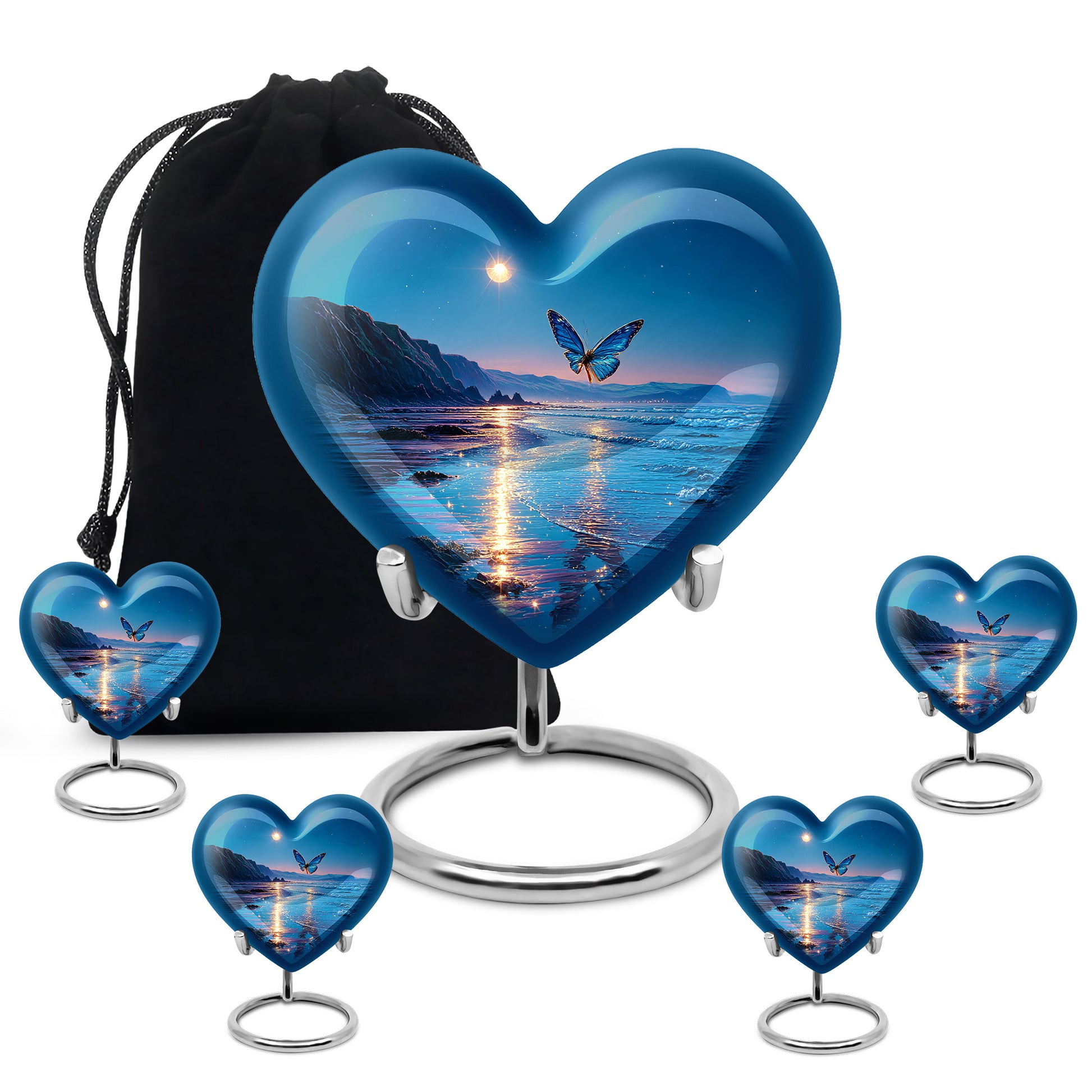 Vivid Blue Butterfly Cremation Urn close-up of engraving and surface detail - compassionate heart-butterfly combination with gentle curves - memorial set with one large and four small urns