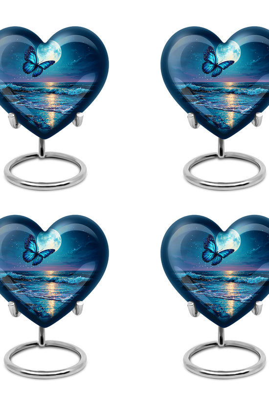 Slate Blue Butterfly Cremation Urn angled view of lid and engraved motif - heart-shaped butterfly design symbolizing eternal love - 10 inch aluminum urn for cremated remains